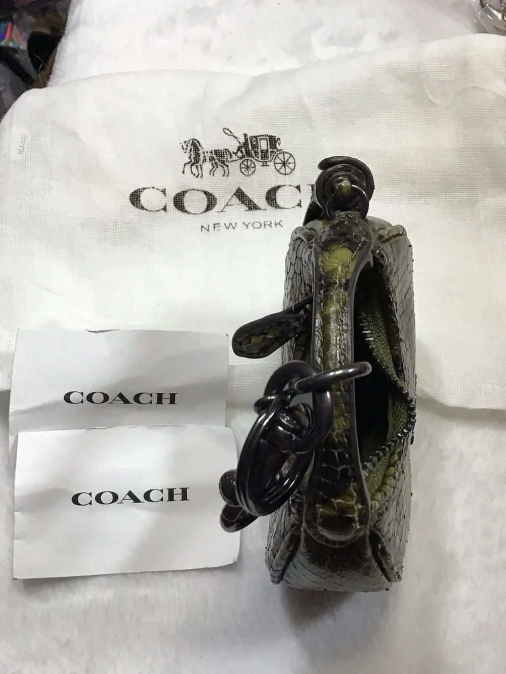 COACH Olive Green and Black Snake-Embossed Leather Key & Card Holder